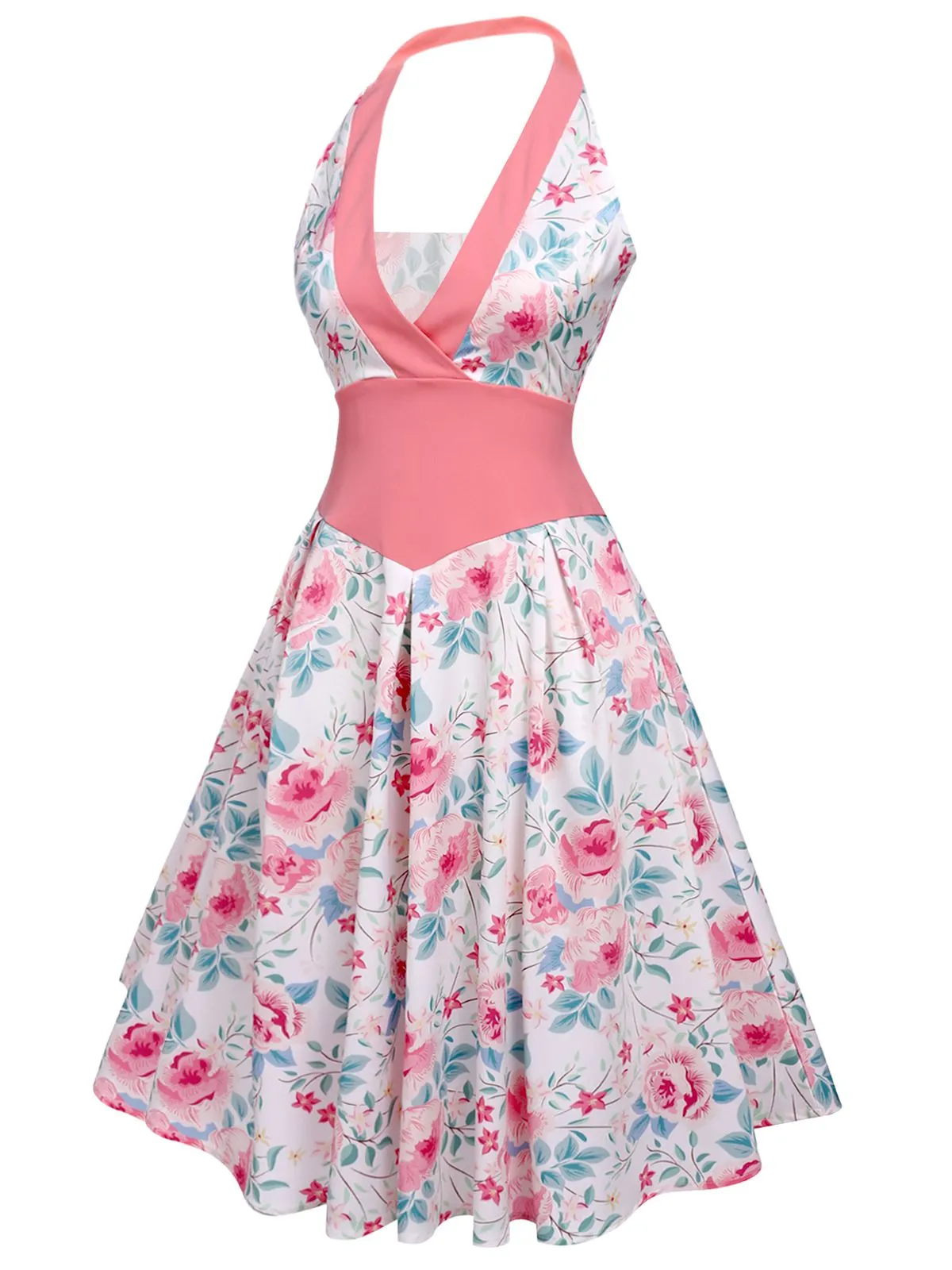 1950ER ROSA V-AUSSCHNITT BLUMEN SWING KLEID