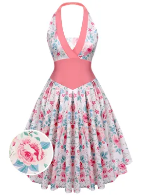 1950ER ROSA V-AUSSCHNITT BLUMEN SWING KLEID