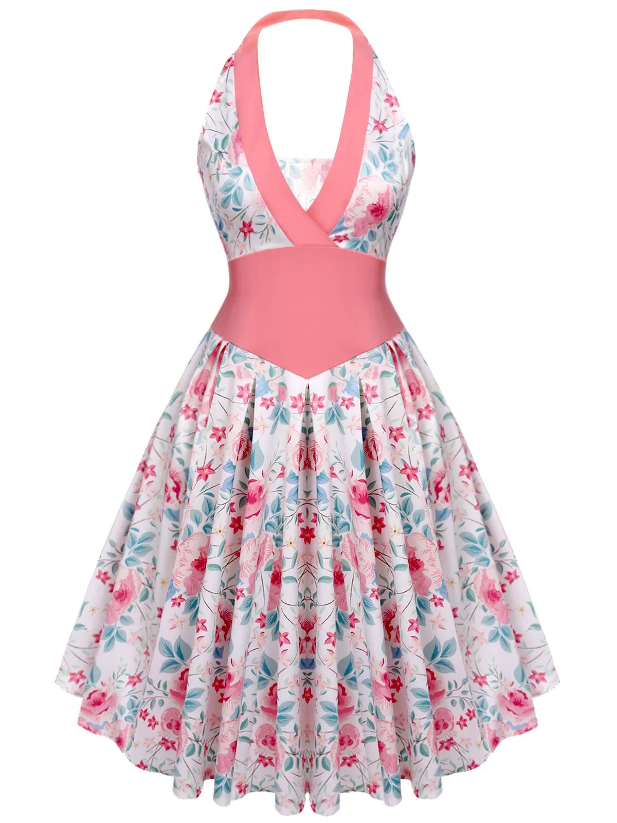 1950ER ROSA V-AUSSCHNITT BLUMEN SWING KLEID