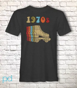 1970s Roller Skates T-Shirt, Repeating 70s Disco Derby Retro Vintage Worn Classic T Shirt Tee Top