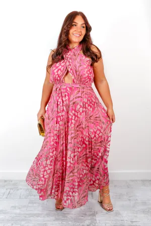 Artemis - Pink Animal Print Pleated Midi Dress