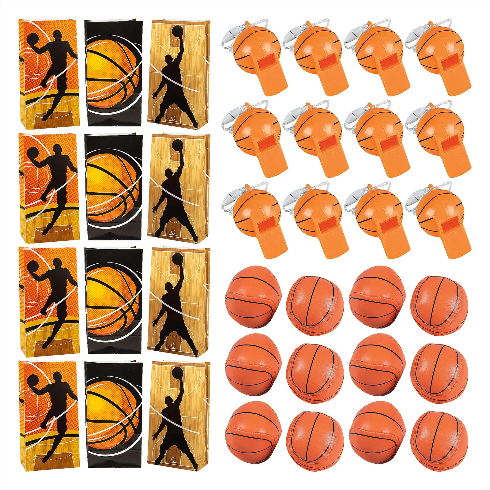 Basketball Party Favors - Paper Goody Bags Mini Foam Basketballs, and Basketball Whistles for 12 Guests