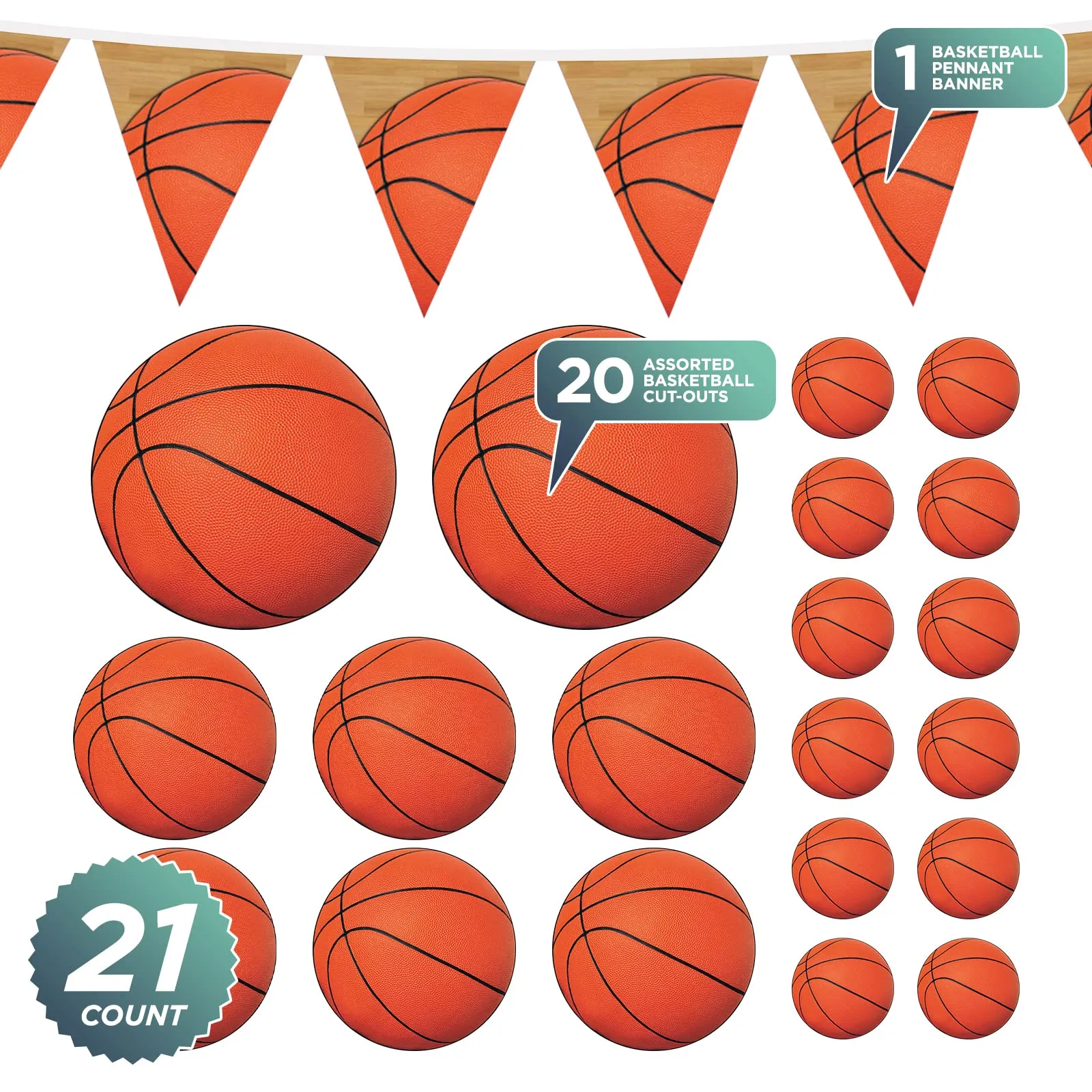 Basketball Party Pennant Banner and Assorted Shaped Coutouts Set