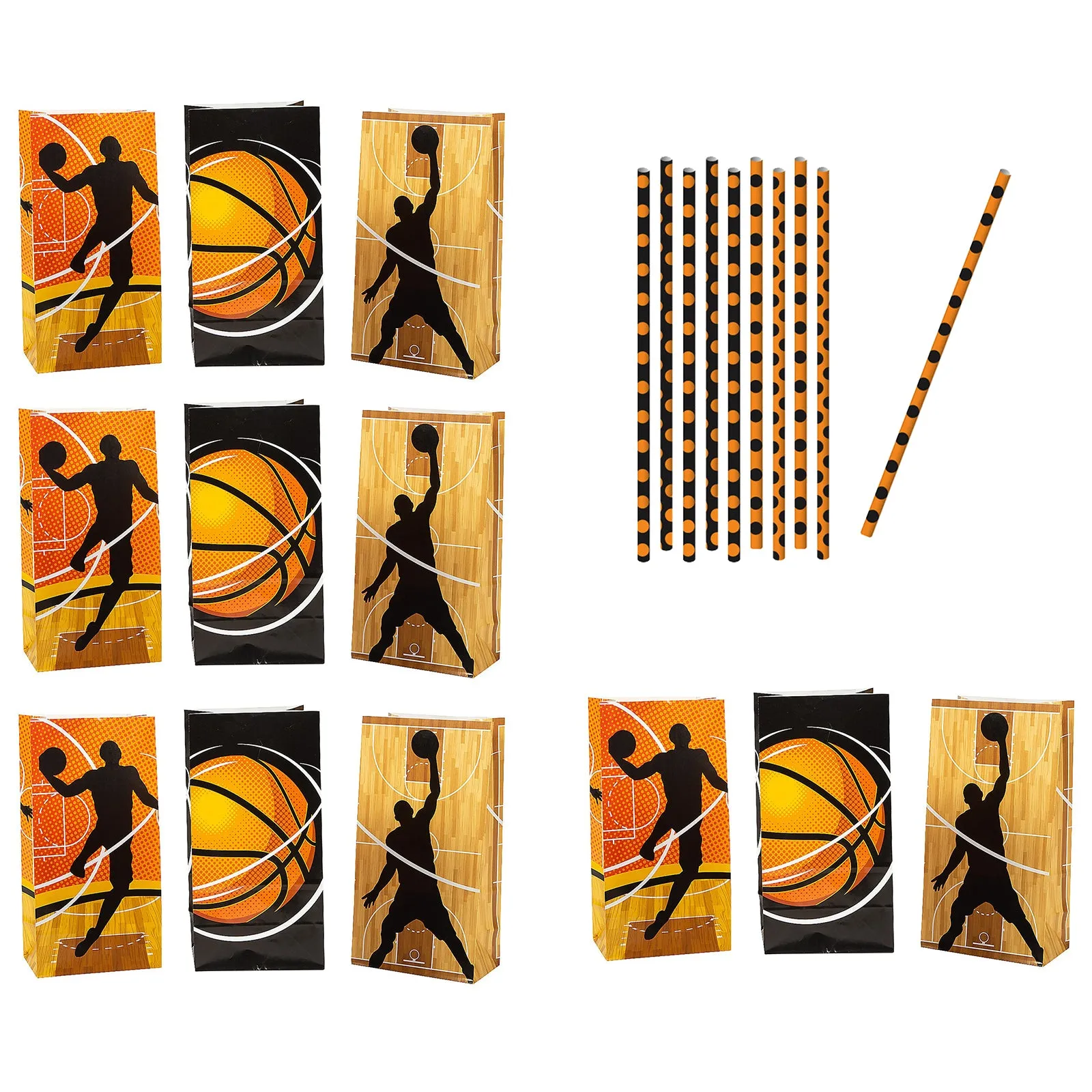 Basketball Party Supplies - Treat Bags with Orange Dot Paper Straws for 12 Guests