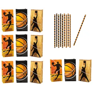 Basketball Party Supplies - Treat Bags with Orange Dot Paper Straws for 12 Guests