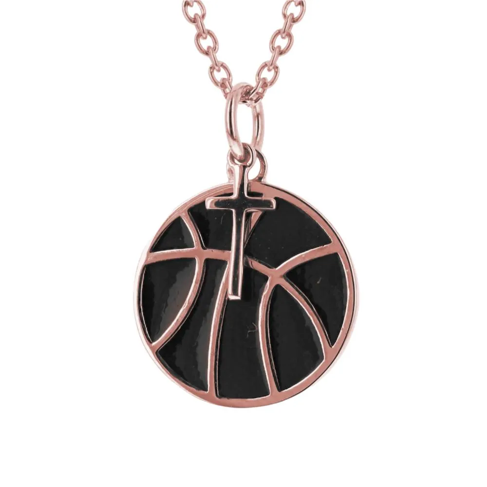 Black Basketball Necklace w/ Dangle Cross Pendant | Gold