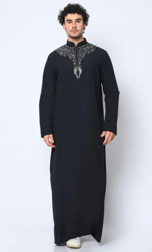 Cultural Heritage: Men's Black Thobe with Beautiful Arabic Embroidery