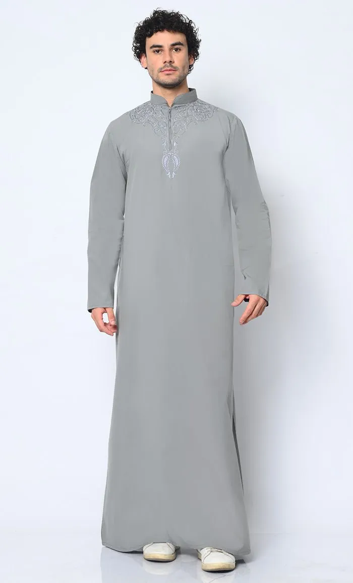 Cultural Heritage: Men's Grey Thobe with Beautiful Arabic Embroidery