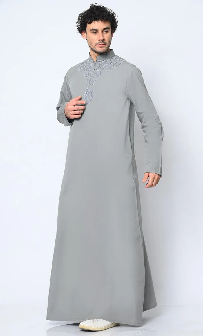 Cultural Heritage: Men's Grey Thobe with Beautiful Arabic Embroidery