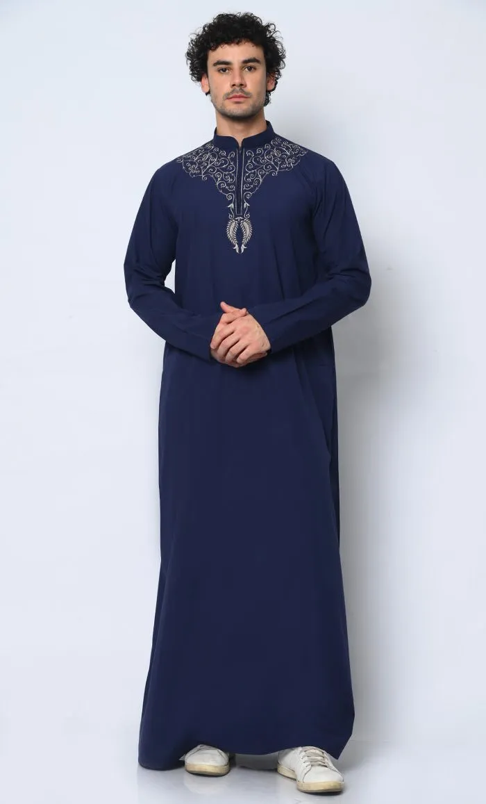 Cultural Heritage: Men's Navy Thobe with Beautiful Arabic Embroidery