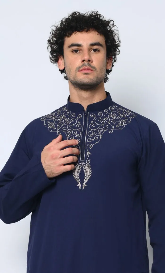 Cultural Heritage: Men's Navy Thobe with Beautiful Arabic Embroidery