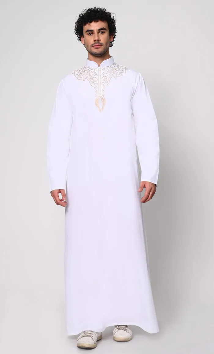 Cultural Heritage: Men's White Thobe with Beautiful Arabic Embroidery