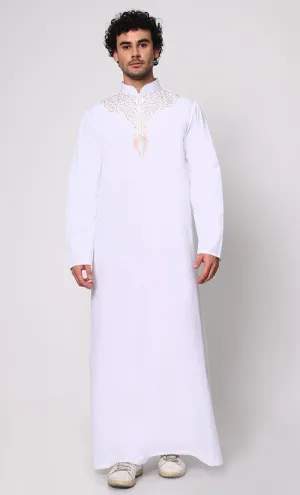 Cultural Heritage: Men's White Thobe with Beautiful Arabic Embroidery