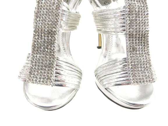 Damen High Heels Abendschuhe Straß Pumps Riemen Silver # 9049-39