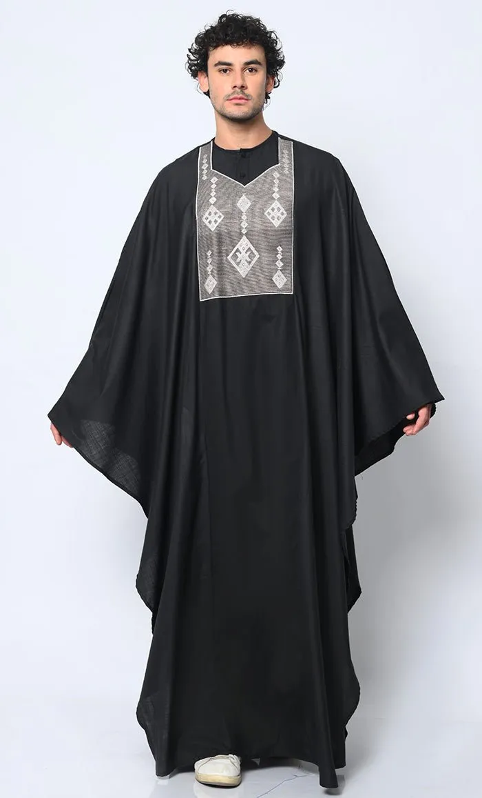 Distinctive Luxury: 2 Pc Embroidered Men's Black Kaftan Set with Pockets