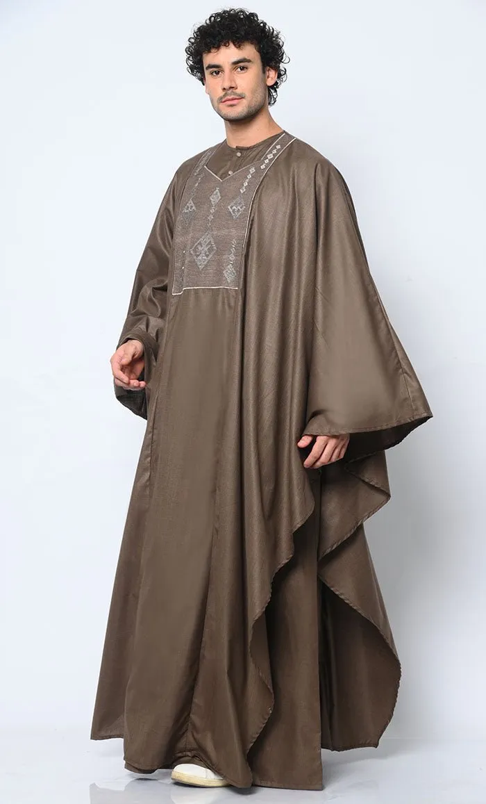 Distinctive Luxury: 2 Pc Embroidered Men's Brown Kaftan Set with Pockets