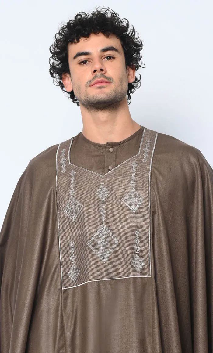 Distinctive Luxury: 2 Pc Embroidered Men's Brown Kaftan Set with Pockets