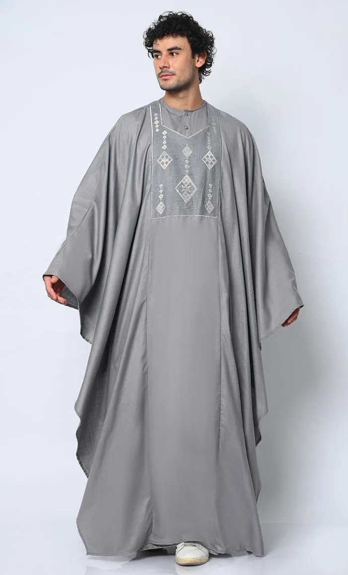 Distinctive Luxury: 2 Pc Embroidered Men's Grey Kaftan Set with Pockets