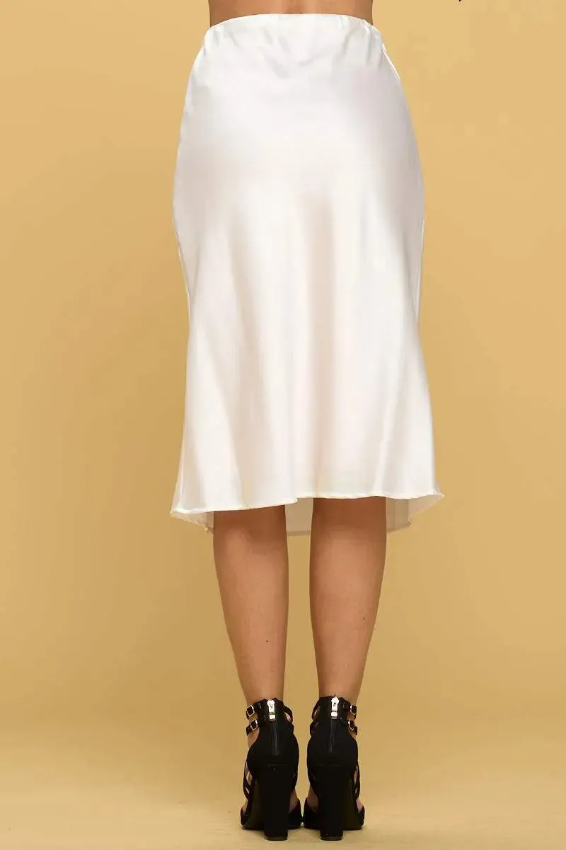 Elegant Solid Satin Midi Skirt with Comfortable Elastic Waist