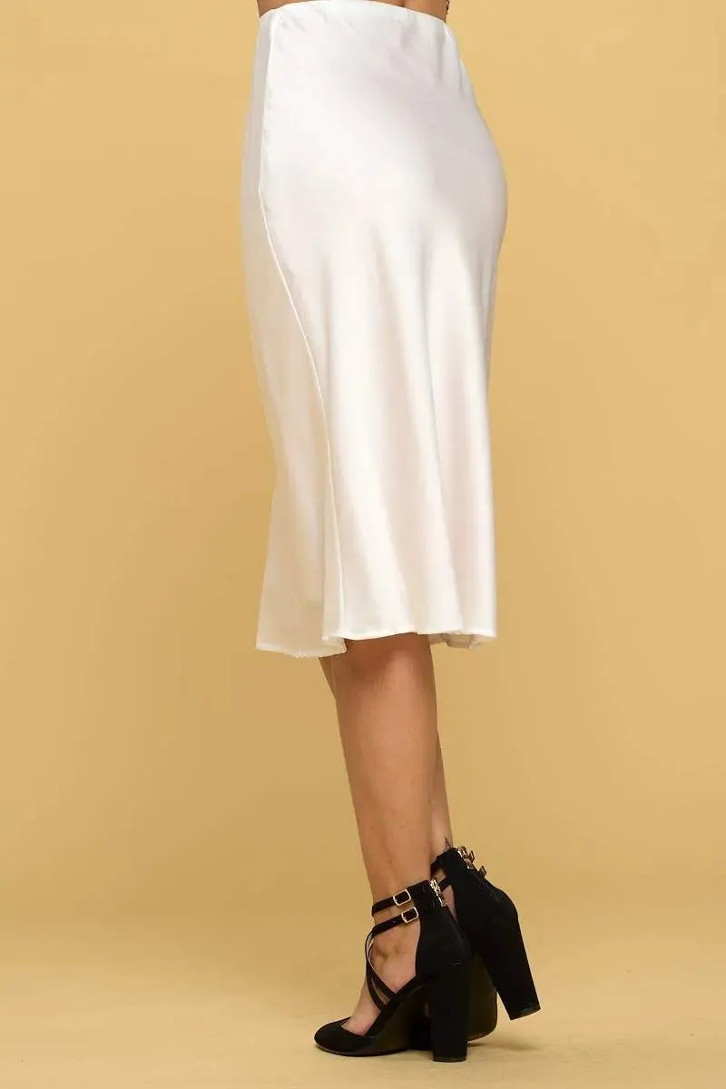 Elegant Solid Satin Midi Skirt with Comfortable Elastic Waist