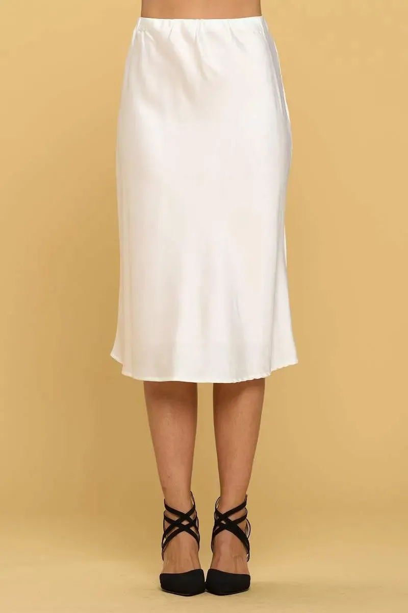 Elegant Solid Satin Midi Skirt with Comfortable Elastic Waist