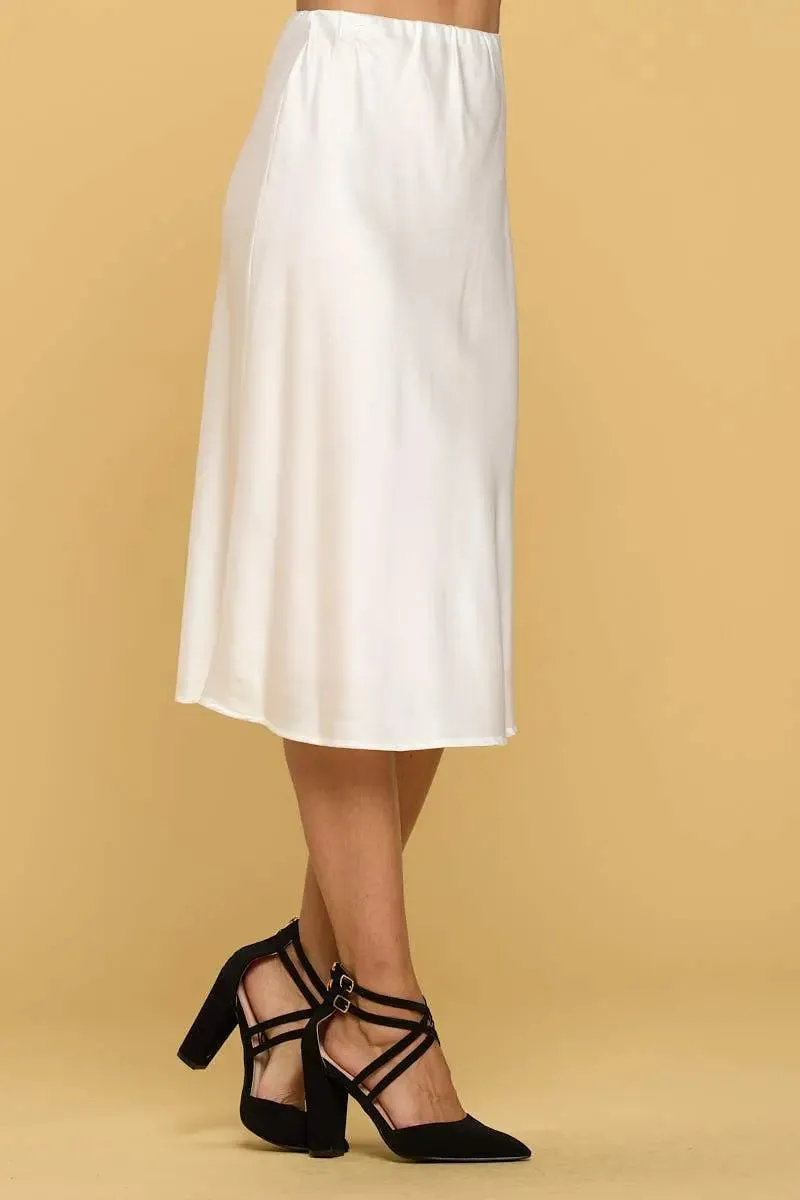 Elegant Solid Satin Midi Skirt with Comfortable Elastic Waist