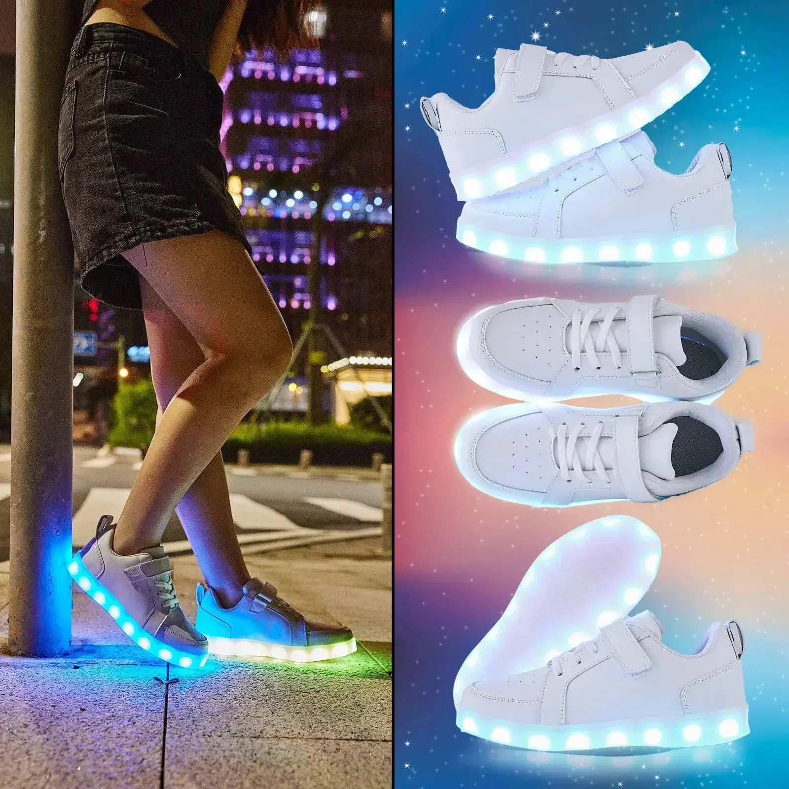 Kids Sneakers Casual Luminous Shoes USB Recharge Light Up Sports Skateboard Shoes Waterproof Leather Boys Girls Shoes with LED