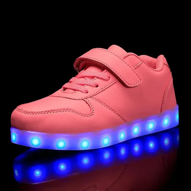 Kids Sneakers Casual Luminous Shoes USB Recharge Light Up Sports Skateboard Shoes Waterproof Leather Boys Girls Shoes with LED