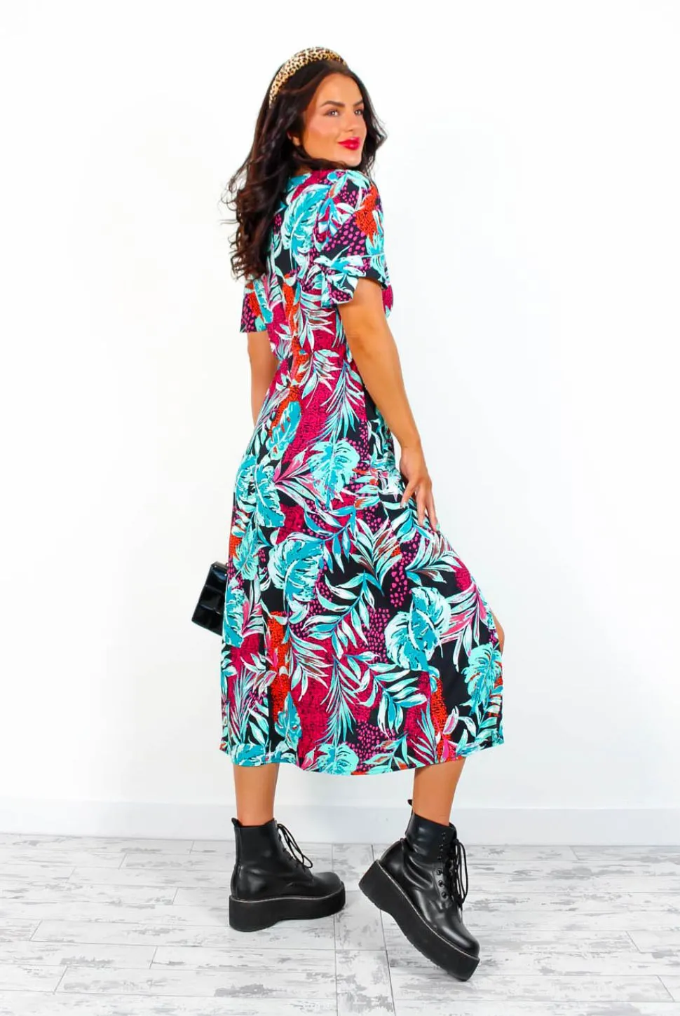 Lets Split - Magenta Turquoise Tropical Print Midi Dress