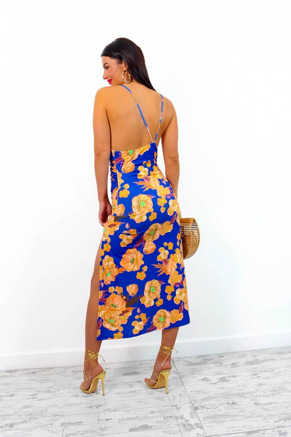 Lust For Me - Blue Orange Floral Midi Slip Dress