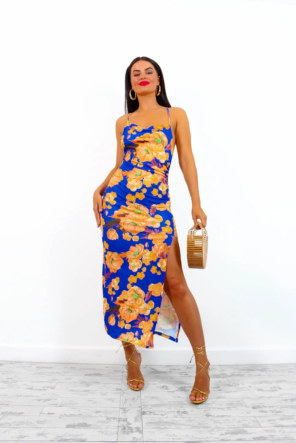 Lust For Me - Blue Orange Floral Midi Slip Dress