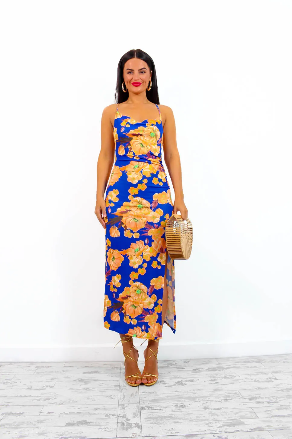 Lust For Me - Blue Orange Floral Midi Slip Dress