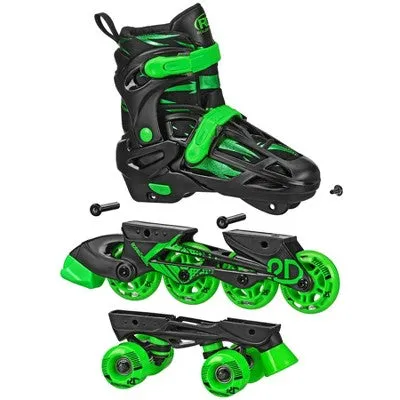 New - Roller Derby Green Wire Kids' Inline-Quad Combo Skates - Black/Green (2-12)