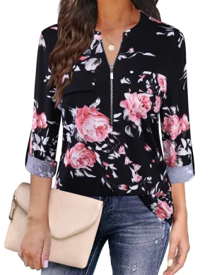 Siddhe Damen Bluse V-Ausschnitt Oberteile Elegant Schicke Festliche Blusen 3/4 Ärmel Shirt Reißverschluss Casual Longshirt Rose Blumenmuster,Schwarz S