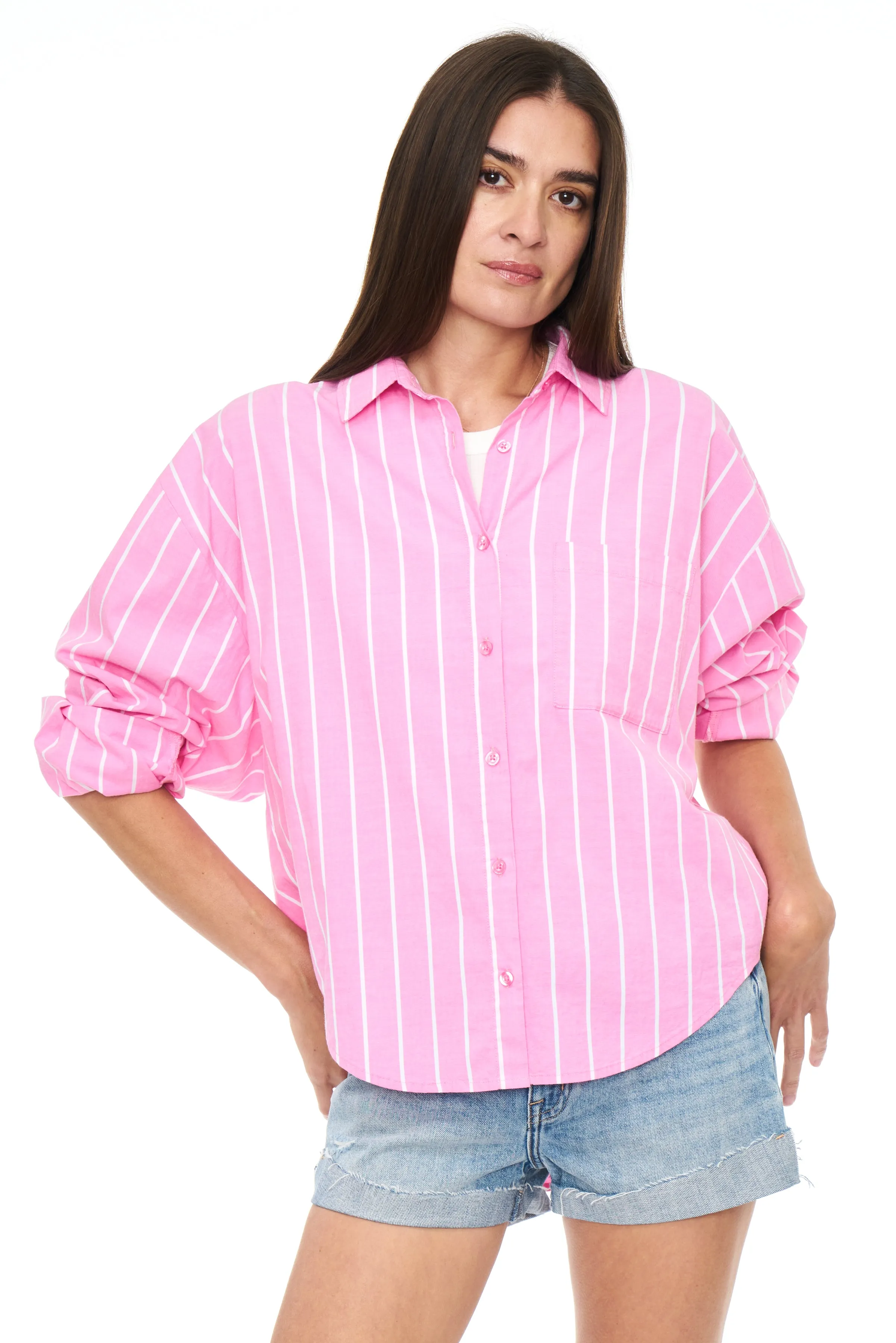 Sloane Oversized Button Down Shirt - Flamingo Stripe