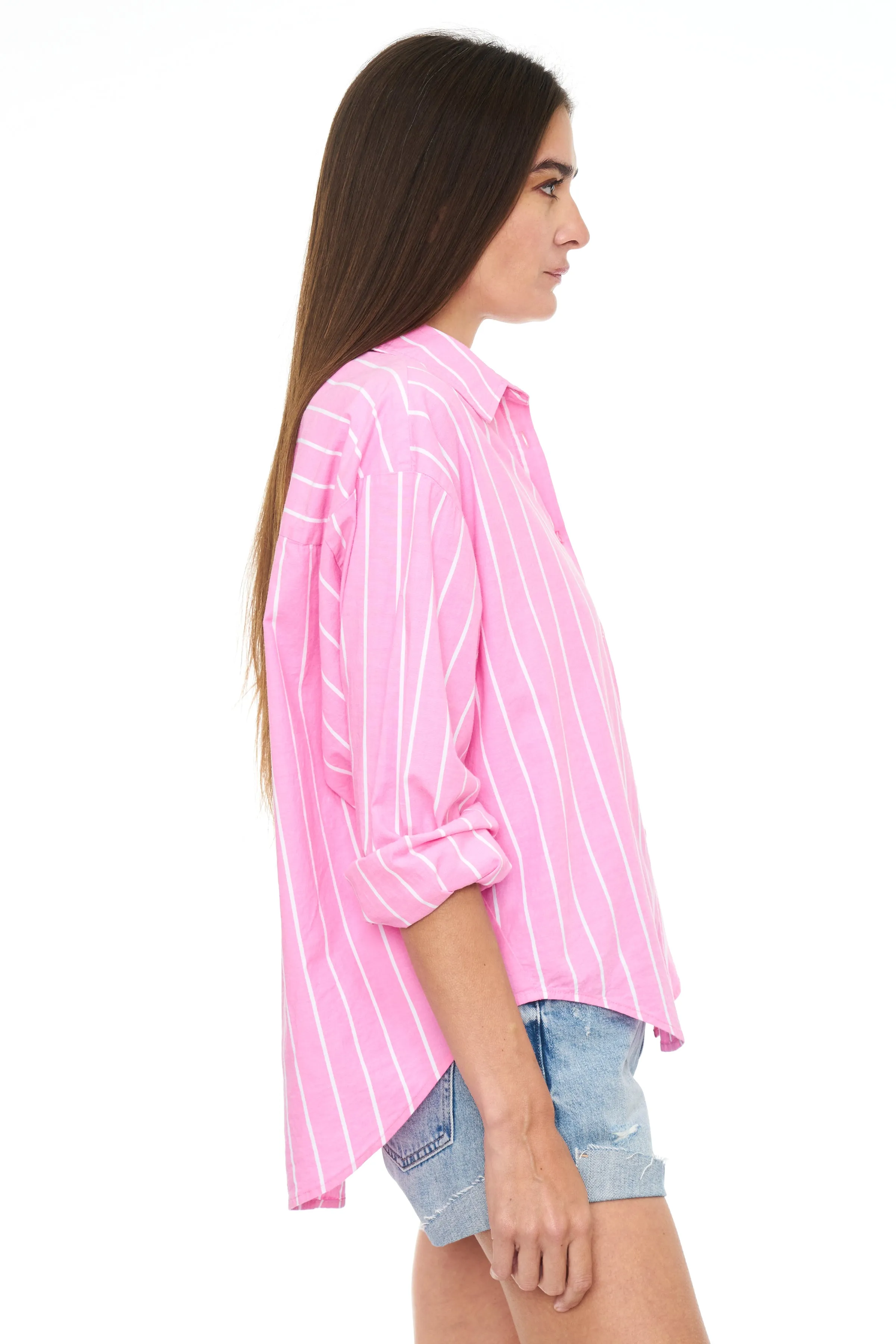 Sloane Oversized Button Down Shirt - Flamingo Stripe