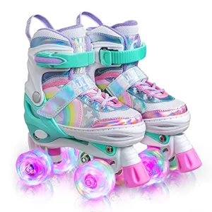 SULIFEEL Rainbow Unicorn 4 Size Adjustable Light up Roller Skates for Girls Boys for Youth Large