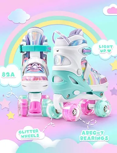 SULIFEEL Rainbow Unicorn 4 Size Adjustable Light up Roller Skates for Girls Boys for Youth Large