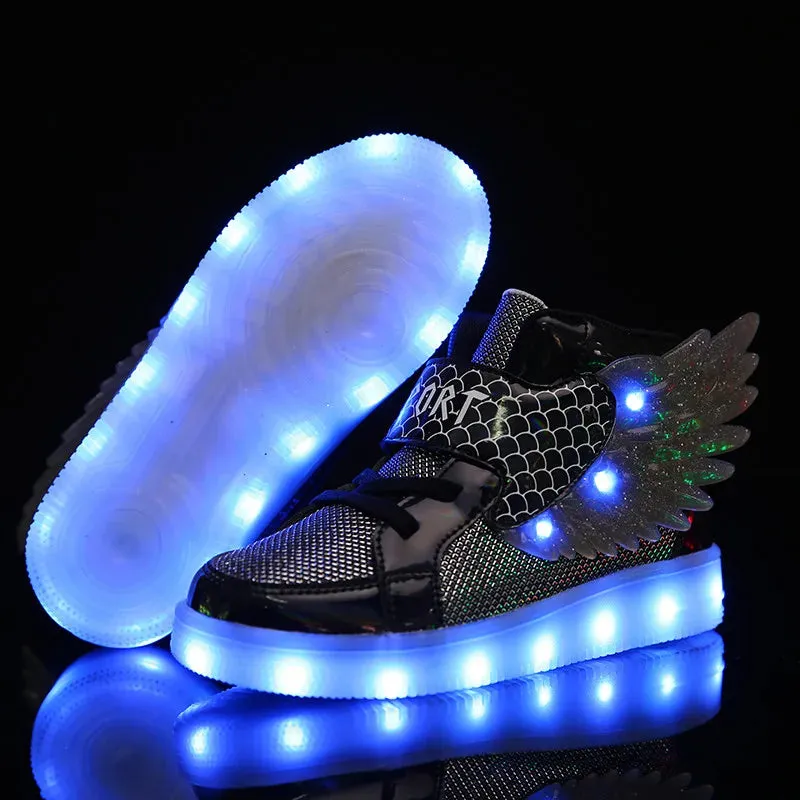 Waterproof Leather Kids Luminous Shoes Sneakers Led Light Shoes with Wing USB Charging Casual Sports Shoes Girls Skateboard Shoe