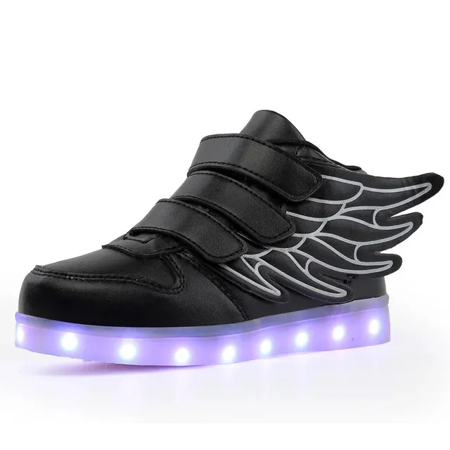 Waterproof Leather Kids Luminous Shoes Sneakers Led Light Shoes with Wing USB Charging Casual Sports Shoes Girls Skateboard Shoe