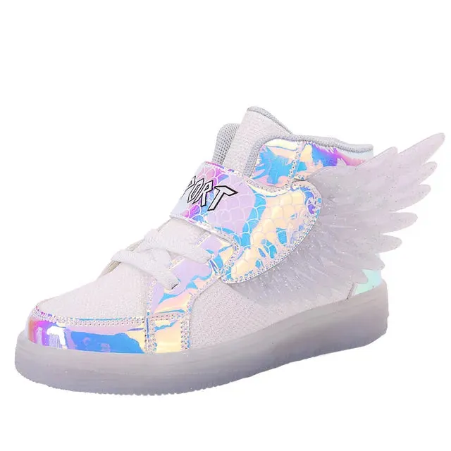 Waterproof Leather Kids Luminous Shoes Sneakers Led Light Shoes with Wing USB Charging Casual Sports Shoes Girls Skateboard Shoe