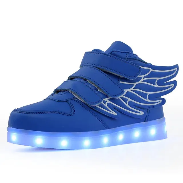 Waterproof Leather Kids Luminous Shoes Sneakers Led Light Shoes with Wing USB Charging Casual Sports Shoes Girls Skateboard Shoe